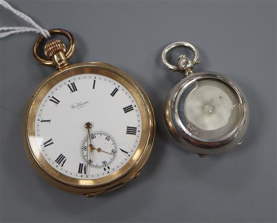 A George V silver sovereign case, Birmingham, 1913 and a gold plated pocket watch.